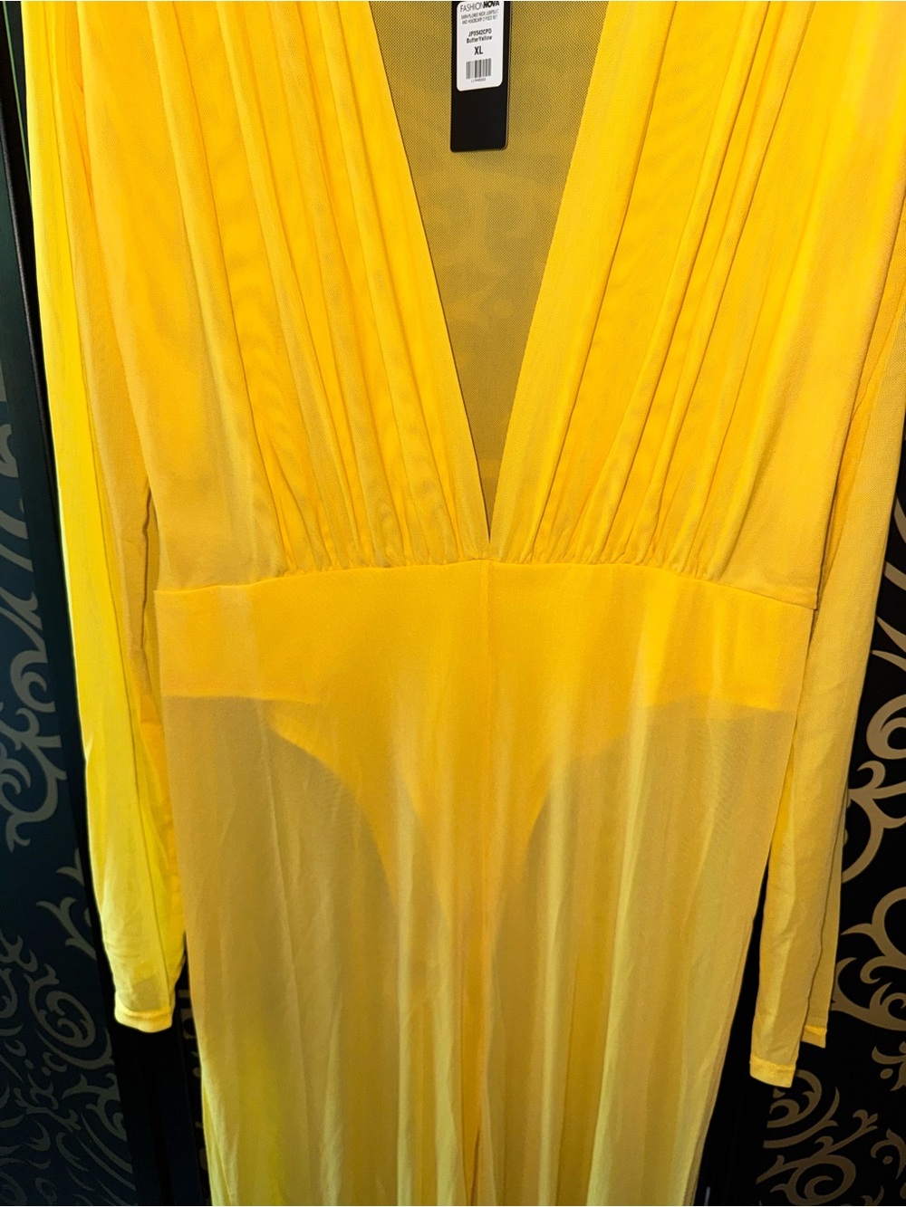 Fashion Nova Bright Yellow Long-Sleeve Plunging Maxi Jumpsuit. - Picture 4 of 8